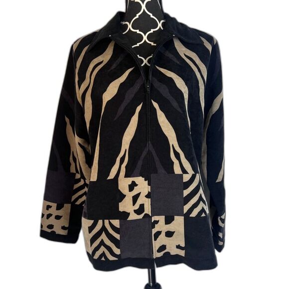 Denim & Co Animal Print Patchwork Full Zip Bold Artsy Abstract Jacket Size Small - Picture 1 of 8